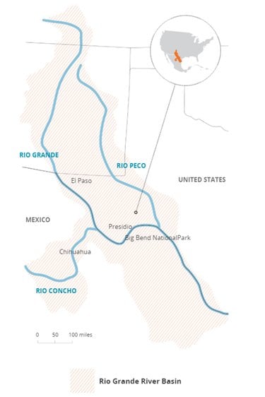 A simplified orange and gray map of the Rio Grande River Basin
