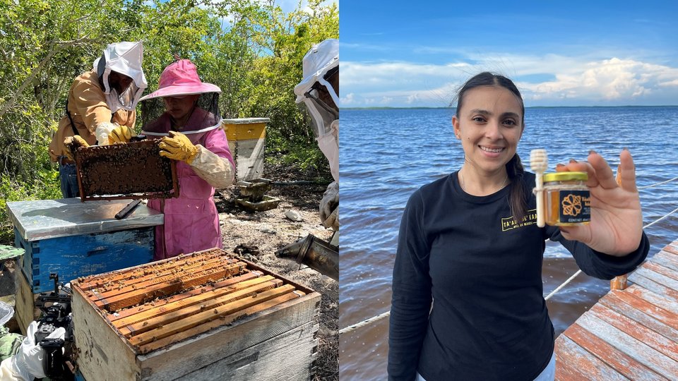 two images show Sherrill Maldonado gathering honey from bees and then showing a jar of honey ready for sale