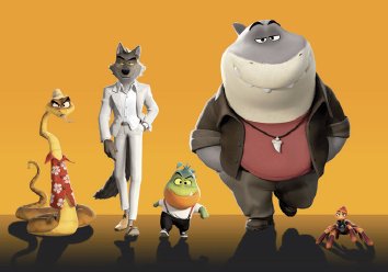 Five animated characters walking in front of an orange background. From left to right, a snake in a hat and red shirt, a wolf in a white suit, a piranha in a shirt, pants and suspenders, a shark in a leather jacket, and a tarantula.