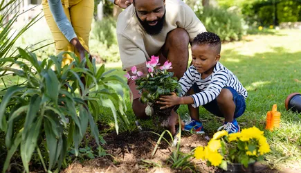 Father and sun gardening outside