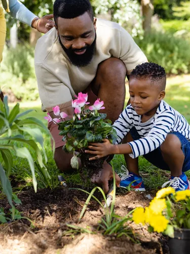 A boy holds a plant next to a man