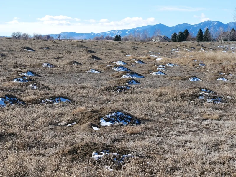 A view of a brown field with prairie dog mounds dusted with snow and mountains in the deep background