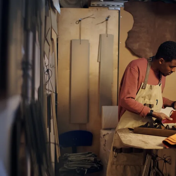 Young artisan meticulously crafting leather good in warmly lit workshop. Table is covered with tools and leather pieces