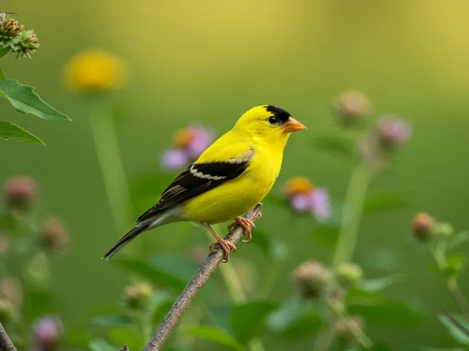 A bright yellow and black American goldfinch with an orange beak sits on a small tree branch with flowers in the background