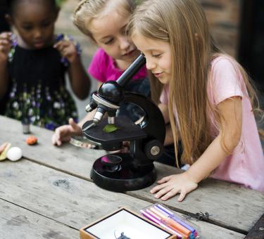 Children gather around a microscope