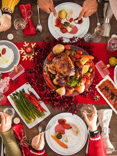overhead view of table set with food and decorations