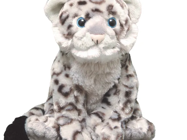 A snow leopard plush against a white background