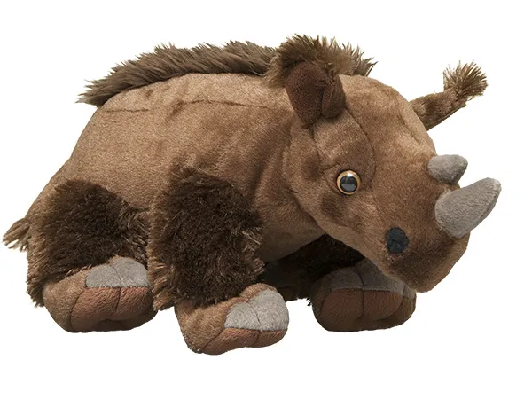A Sumatran rhino plush against a white background