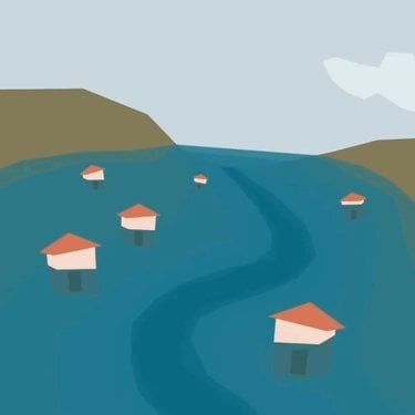 Illustration of houses flooded by a river