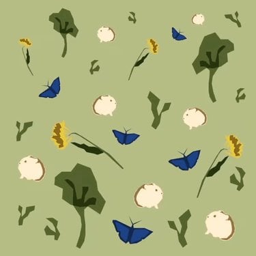 Illustration of butterflies, flower, and mushrooms