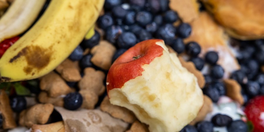 A closeup of unfinished food, including an apple core, banana peel, and blueberries