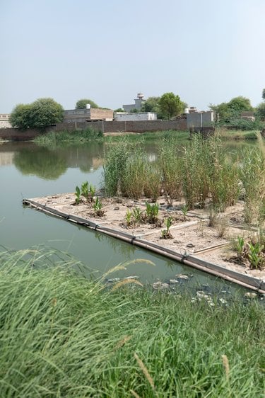 A floating platform with plants growing in interlinked square containers on the surface of a river