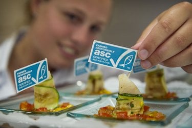Artfully crafted appetizers with a chef placing a placard on the top of each one that says "Farmed responsibly, ASC certified"