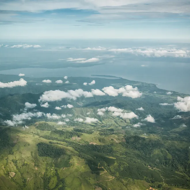 Aerial photograph of freshwater sources in the Sierra las de Minas mountain in Guatemala.