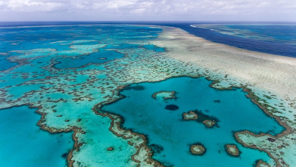 Aerial view of Hardy Reef, home to the Heart Reef, in the Great Barrier Reef, Australia.