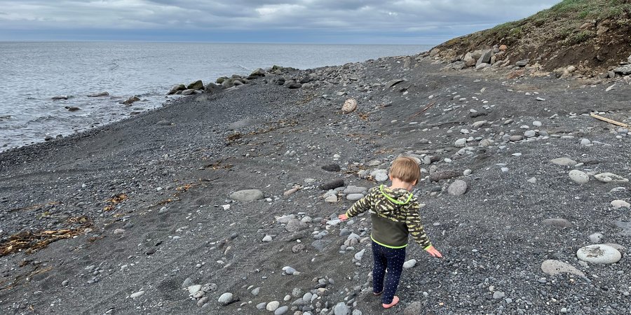 A color photo of a toddler walking on a rocky beach near a waterway.