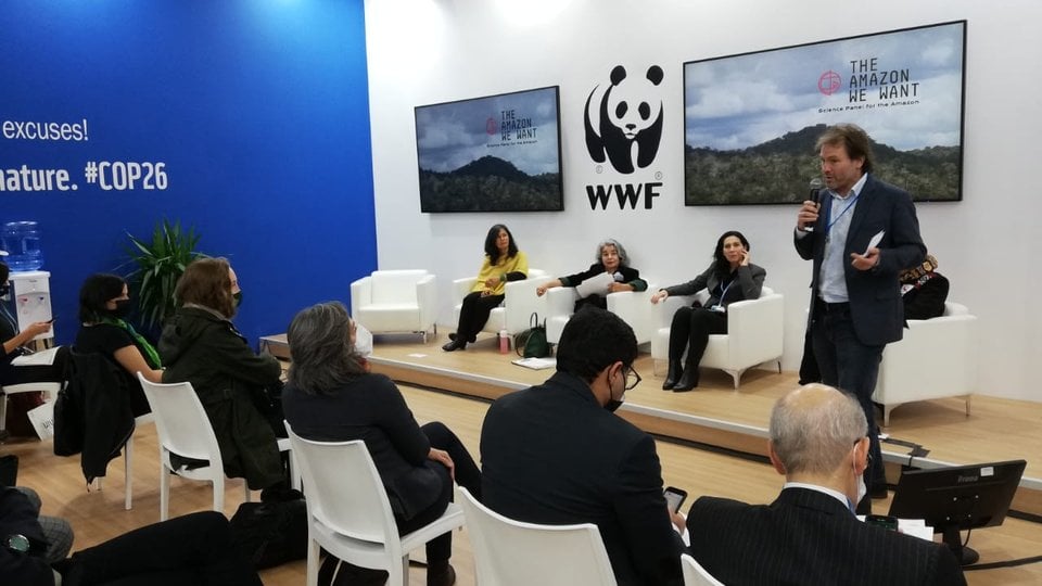 A photo showing an indoor space with the WWF panda logo on a wall flanked by presentation screens with a speaker, panelists and an audience.
