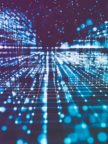 Photo illustration of blue dots on a glowing grid
