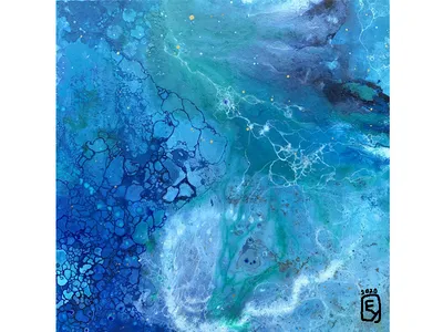 Abstract painting done with acrylic paint of the ocean.
