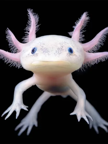 A small axolotl with pink tentacles and blue eyes floating on a dark background.