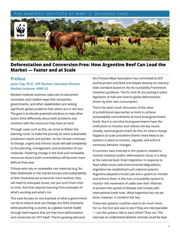 Cover of Deforestation and Conversion-Free Beef Traceability Business Case featuring five cows in field, with most turned toward the camera