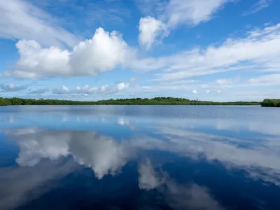 Photo showing coastline with bright blue sky reflected in water