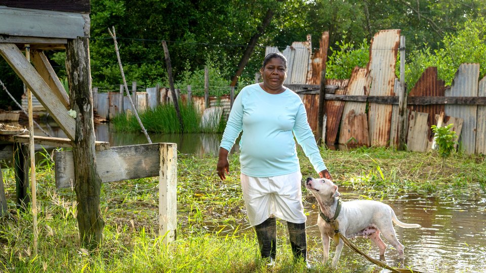 A woman standing while her white dog looks up at her