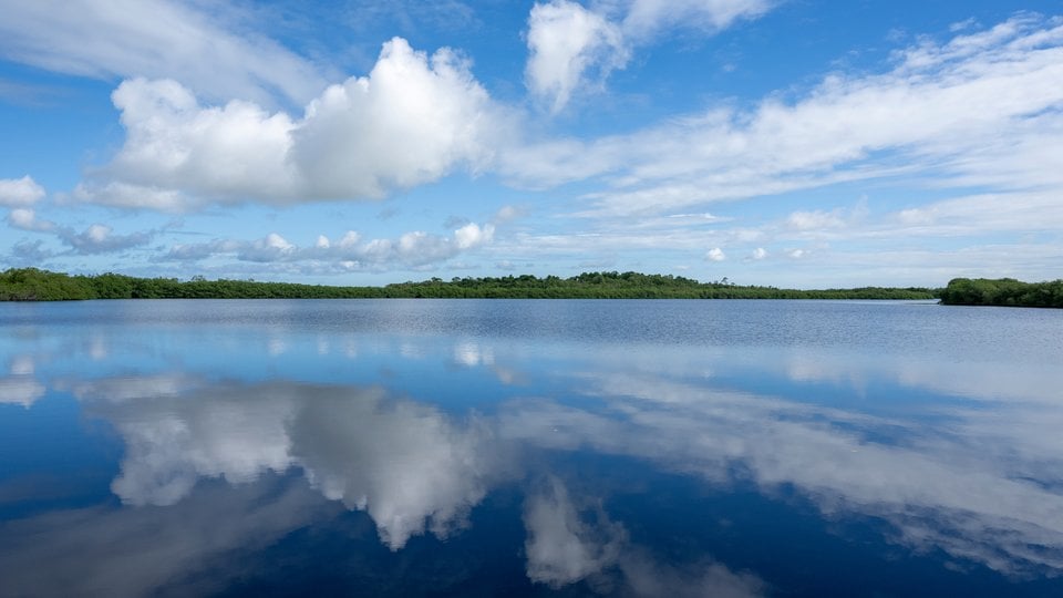 Photo showing coastline with bright blue sky reflected in water