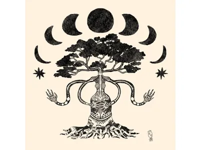 Illustration of a tree with a humanoid figure on a cream colored background. A moon phase is on top of the tree.