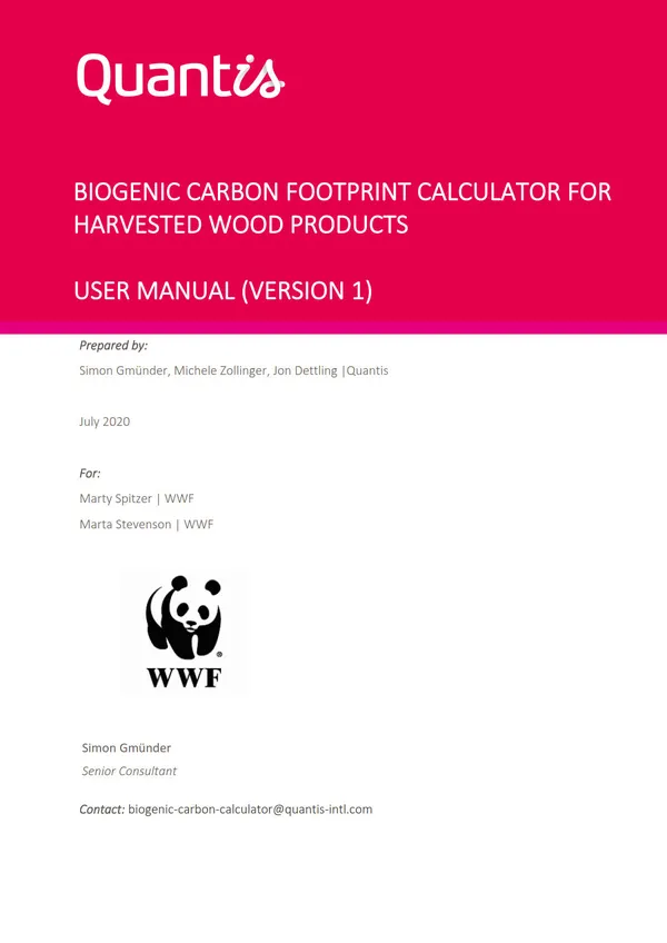 Cover of Biogenic Carbon Footprint Calculator User Manual with red background and WWF panda logo