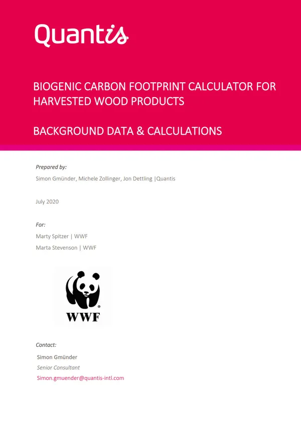 Cover of Biogenic Footprint Calculator for Harvesting Wood Products with red background and WWF panda logo
