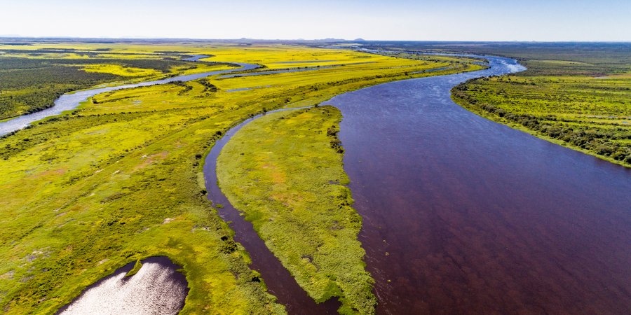 An aerial photograph showing a dark blue river on the right and green marshlands on the left and in the far distance with a light blue sky in the background