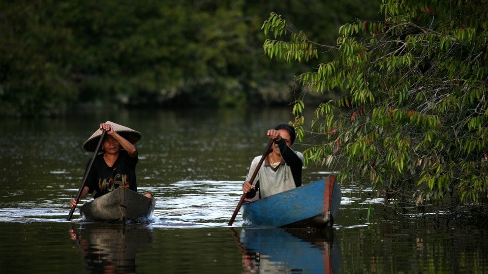 Two people, each in their own small boat, paddling through calm, shaded water