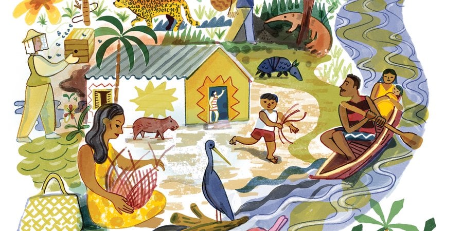 A watercolor collage of the animals, people, and environment of Brazil