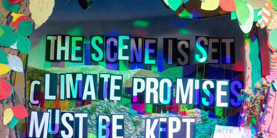 A collage saying the scene is set, climate promises must be kept, keep 1.5 alive