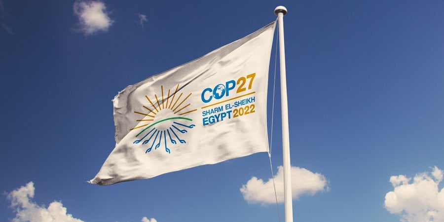 A white flag against a blue sky displays the logo for COP27