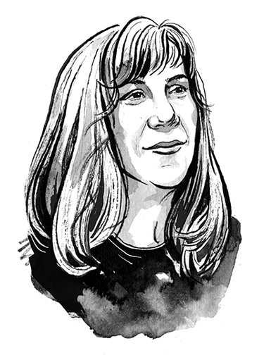 A black and white illustration of a woman with long blonde hair and bangs.