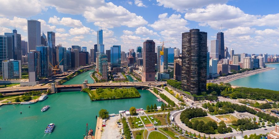 Aerial drone photo panorama of Downtown Chicago by the Navy Pier