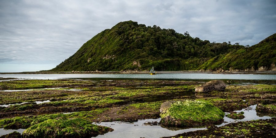 Fishing boat on water with grassy hills behind