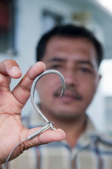 Man holds up a circle hook