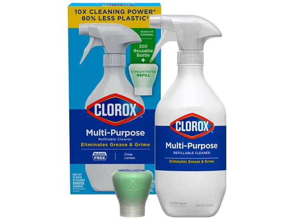 A bottle of cleaner with a label denoting 80% less plastic