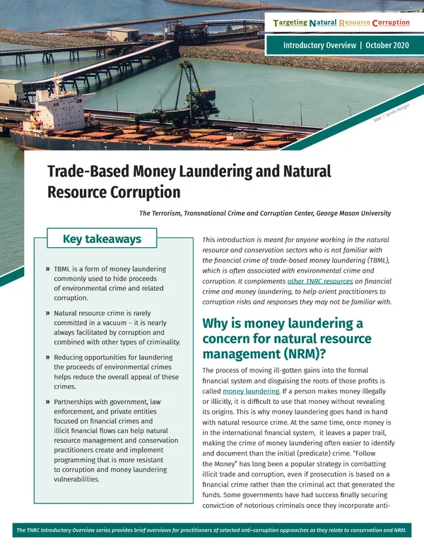 Cover image of topic brief Trade-Based Money Laundering and Natural Resource Corruption with image of docked cargo ship