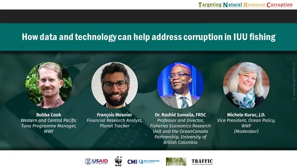 Cover image of panel for How Data and Technology Can Address IUU Fishing with portraits of Bubba Cook, Francois Mosnier, Dr. Rashid Sumaila, and Michele Kuric