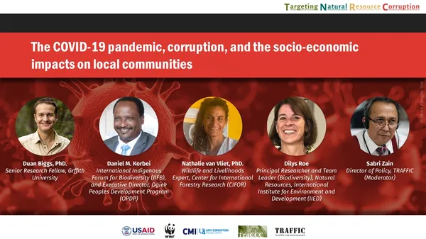 Portraits of panel for The COVID19 pandemic, corruption, and the socio-economic impacts on local communities including Duan Biggs, Daniel M. Korbei, Nathalie van Viet, Dilys Roe, and Sabri Zain