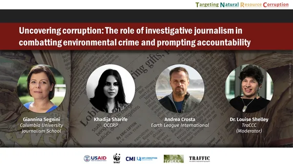 Portraits of panel for Uncover Corruption including Giannina Segini, Khadja Sharife, Andrea Crosts, and Dr. Louise Shelley