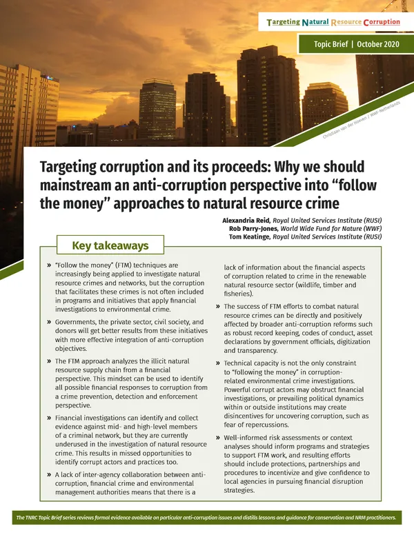 cover of_brief Targeting corruption and its proceeds with view of tops of skyscrapers at sunset