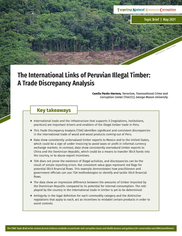 Screenshot of page The International Links of Peruvian Illegal Timber: A Trade Discrepency Analysis with an image of deforestation within a forest