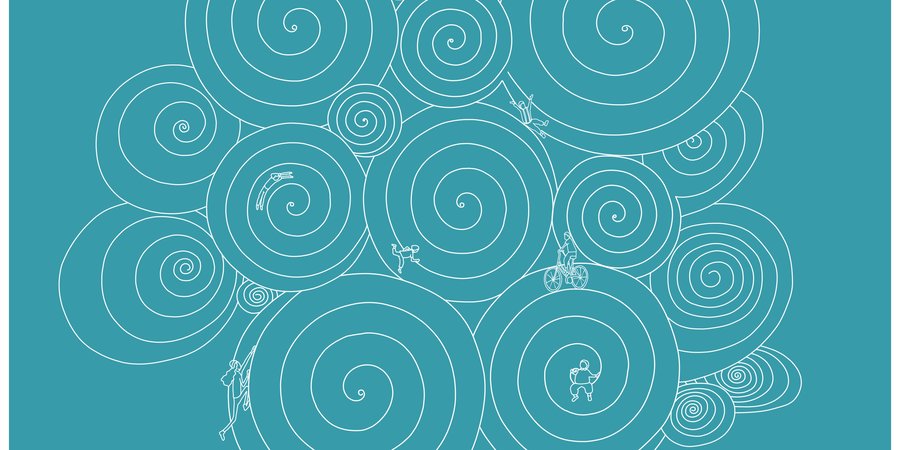 Illustration of concentric interlocking circles with tiny figures interacting