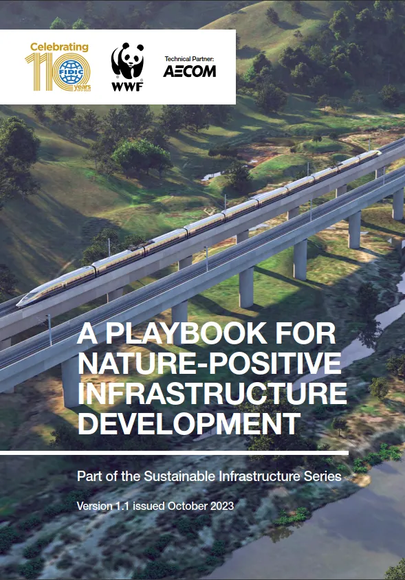 Cover image for Playbook for Nature Report showing an aerial view of a train crossing a bridge