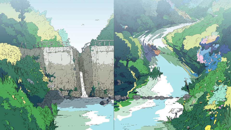 Illustration showing landscape with dam or left, and landscape without dam on right